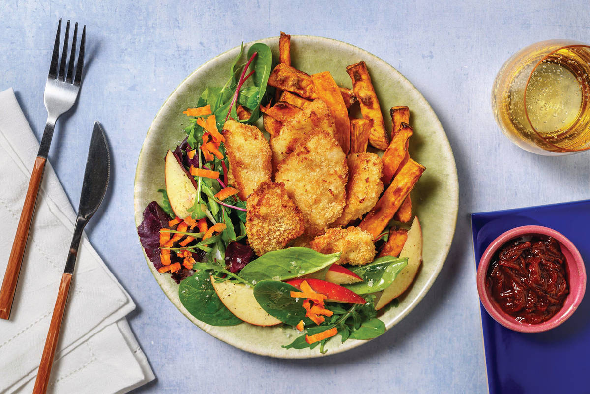 Double Plant-Based Crumbed Chick'n & Kumara Fries