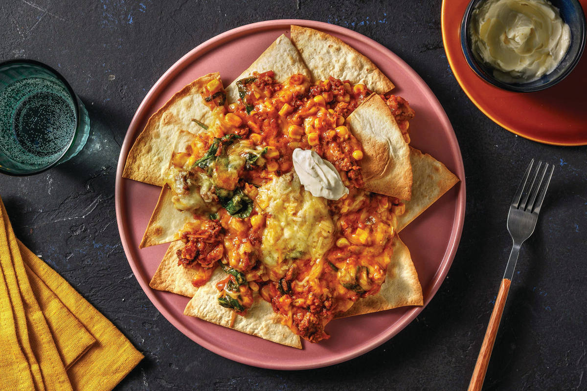 Tex-Mex Cheesy Beef, Bacon & Veggie Nachos