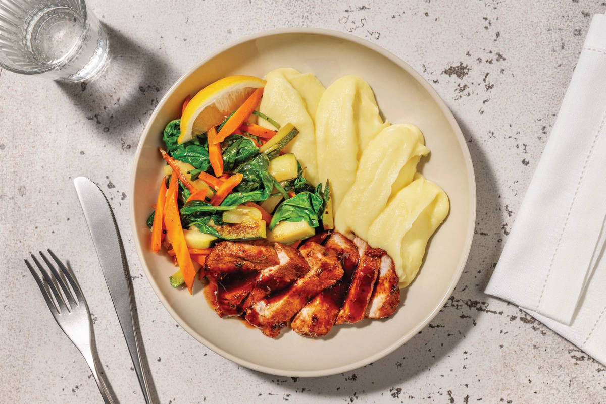 Cherry-Glazed Double Pork & Garlic Mash