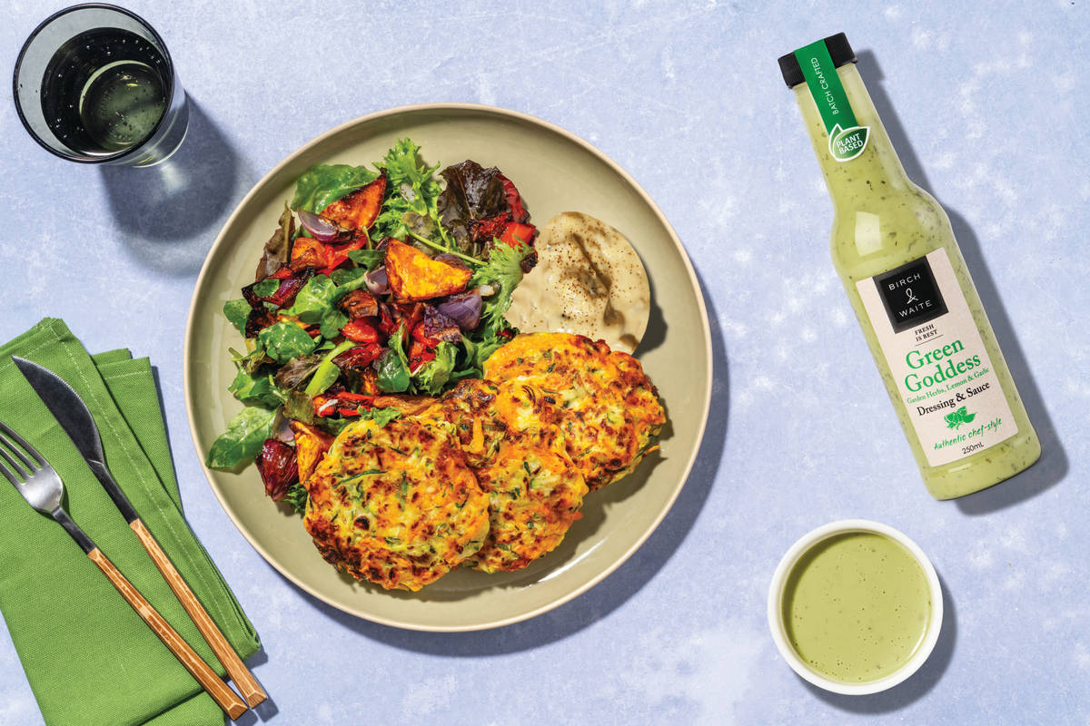 Cheesy Zucchini Fritters, Haloumi & Veggie Salad