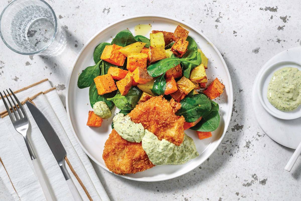 Pork Schnitzel, Halloumi & Pesto Dressing