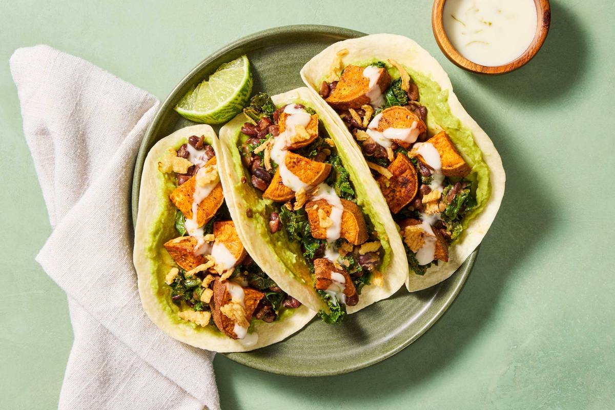Shrimp, Sweet Potato & Kale Tacos