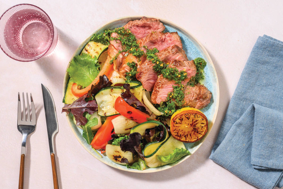 Beef Rump & Cheesy Grilled Veggie Salad 