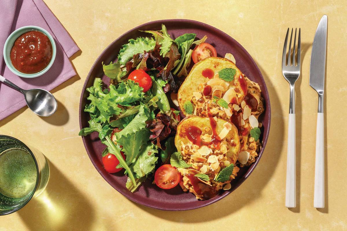 Lentil Loaded Spuds & Tomato Salad