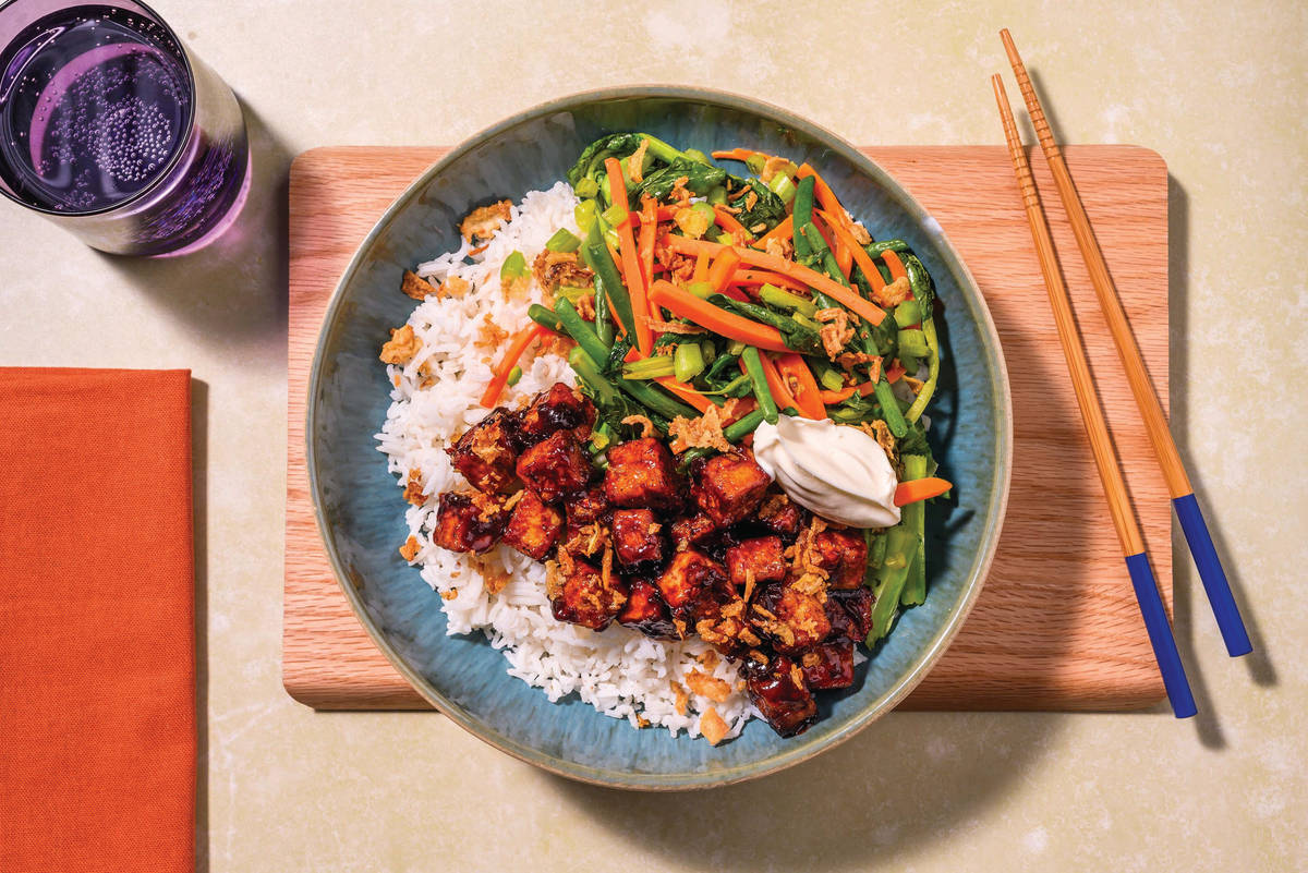 Glazed Plum Tofu, Chicken & Asian Greens Stir-Fry