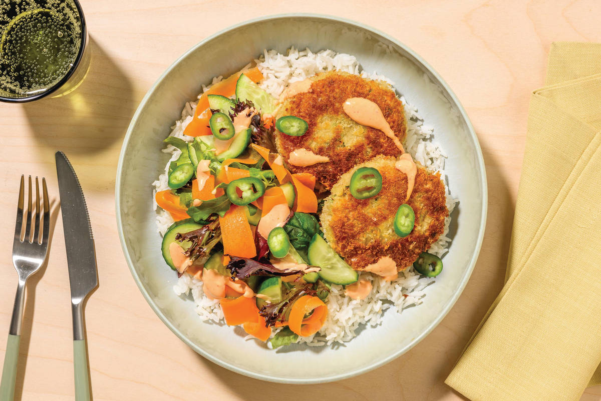 Asian-Style Hoki Fish Cakes & Garlic Rice