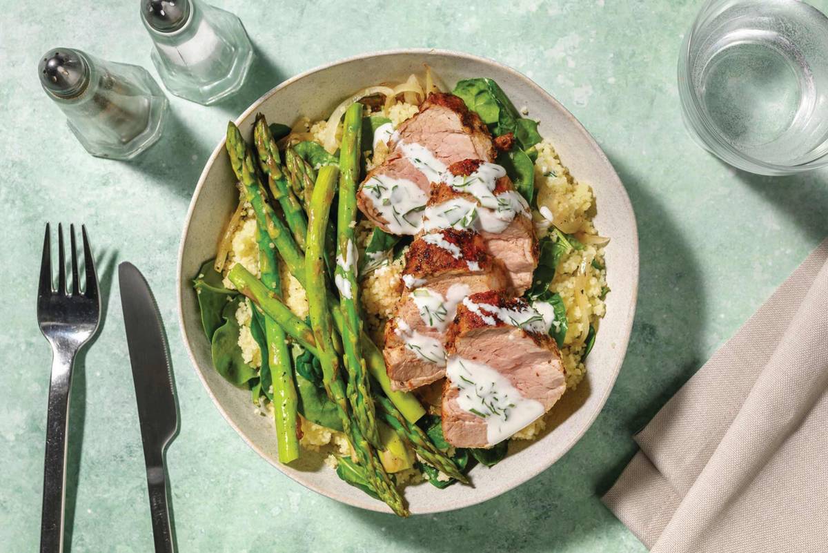 Double Grilled Pork & Charred Asparagus Couscous