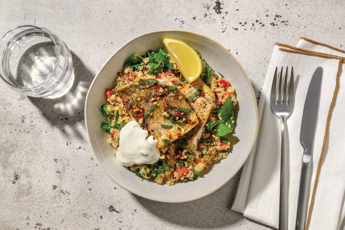 Crumbed Basa & Zesty Olive Couscous Salad