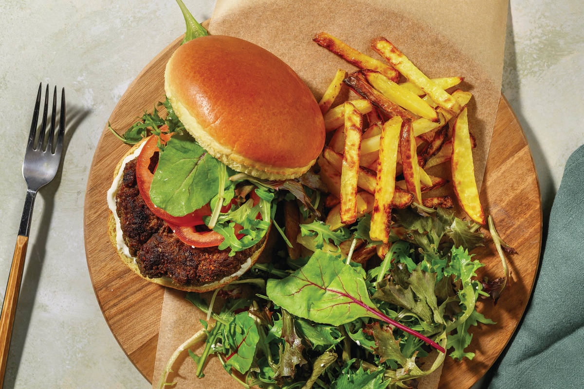 Greek-Style Beef Burger & Potato Fries