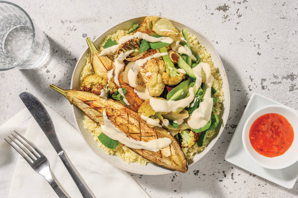 Roast Eggplant, Chicken & Cauliflower Couscous Bowl