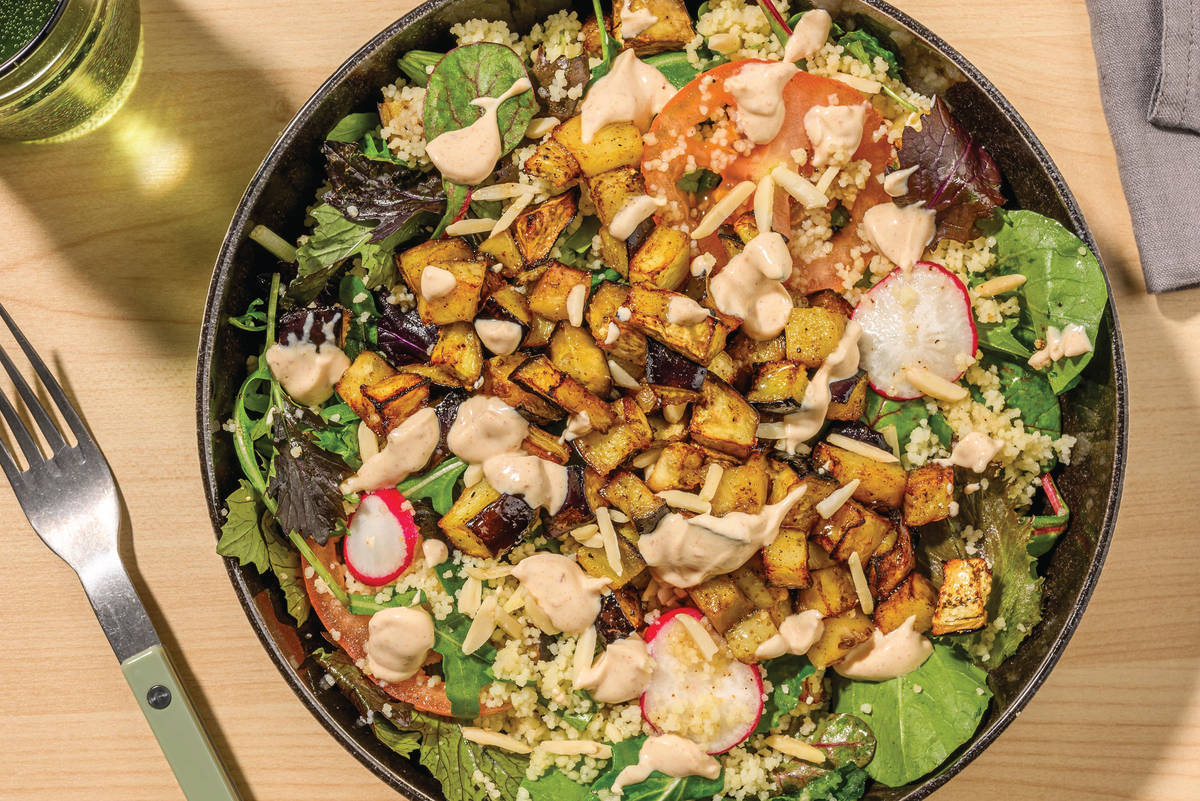 Cheesy Smokey Eggplant Salad & Mint Couscous