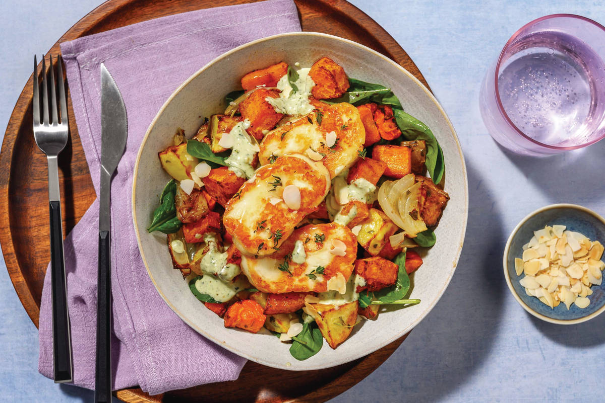 Honey-Thyme Halloumi, Prawn & Roast Pumpkin Toss