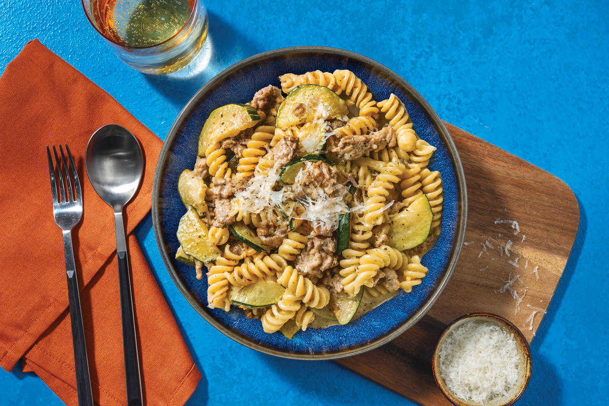 Cheesy One-Pan Lamb & Mushroom Fusilli