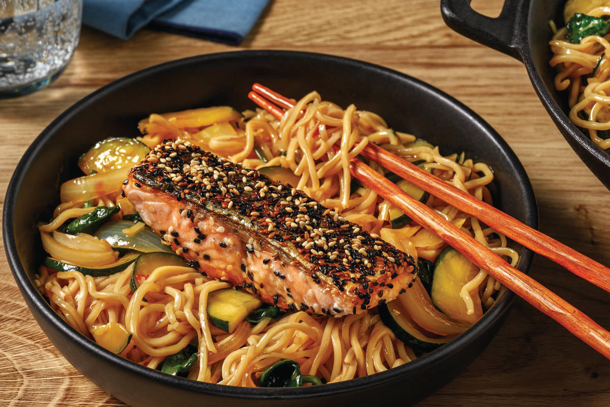 Sesame-Crusted Double Salmon & Noodle Stir-Fry