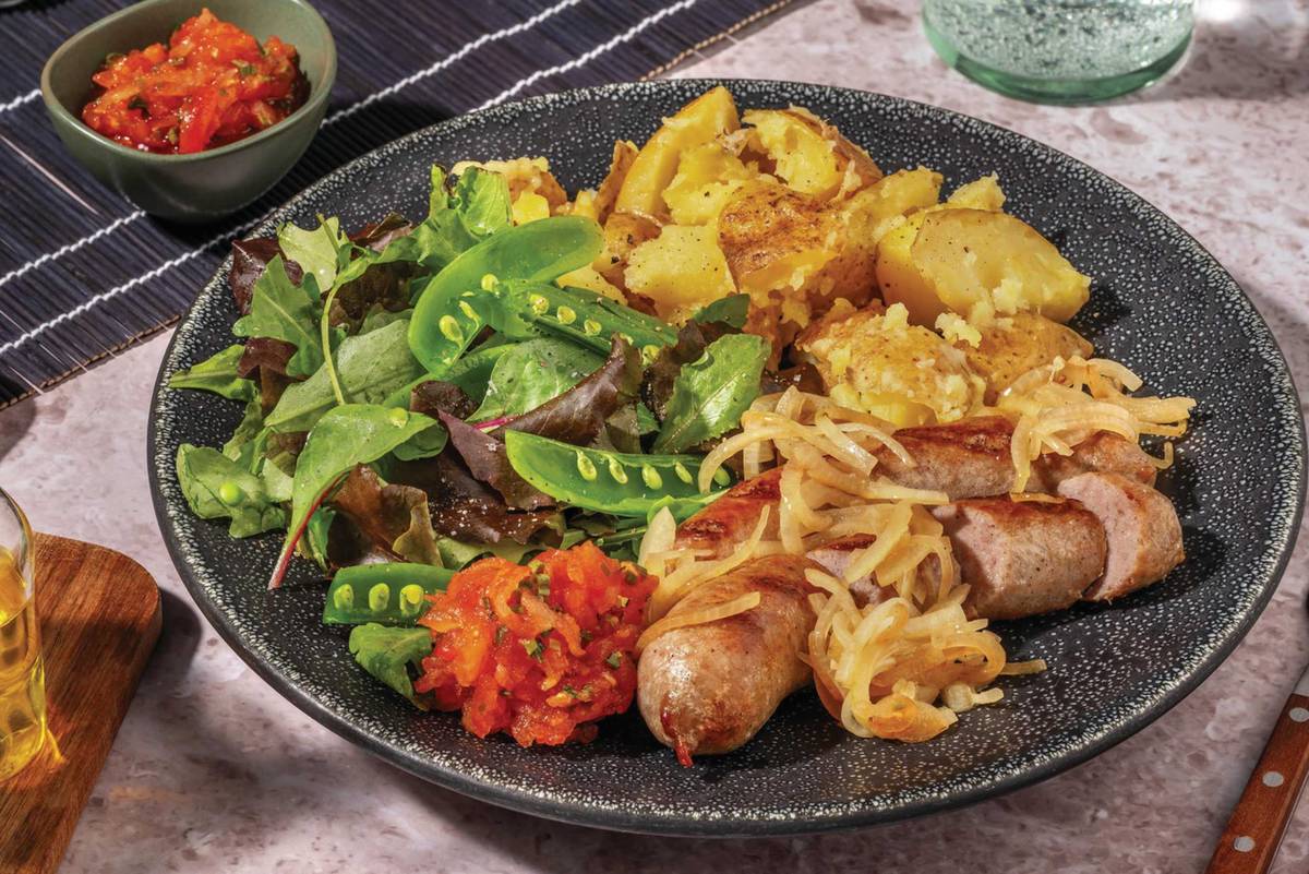 Double Pork Sausages & Garlic-Crushed Potatoes