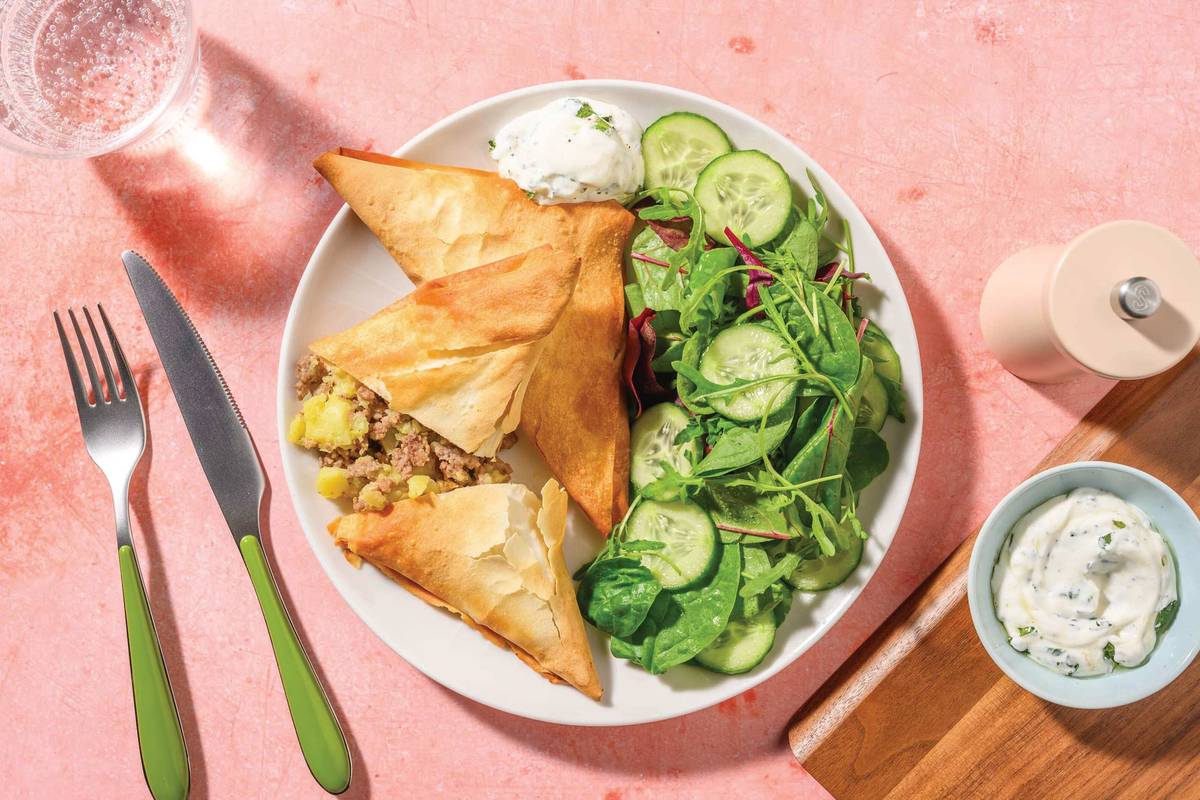 Samosa-Style Lamb, Halloumi & Potato Filo Parcels