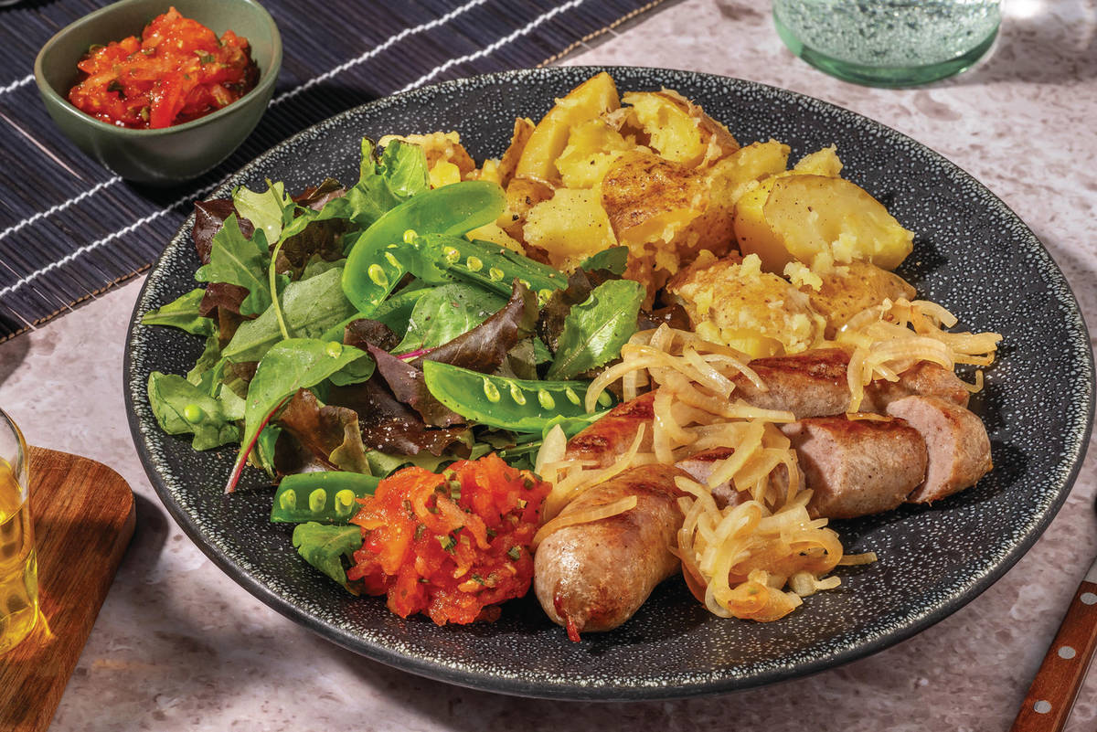 Grilled Pork Sausages & Cheesy Garlic Crushed Potatoes