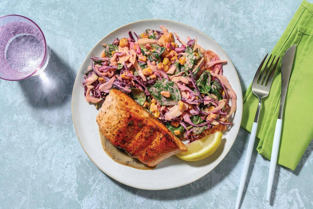 Speedy Seared Salmon, Halloumi & Garlic Butter Sauce