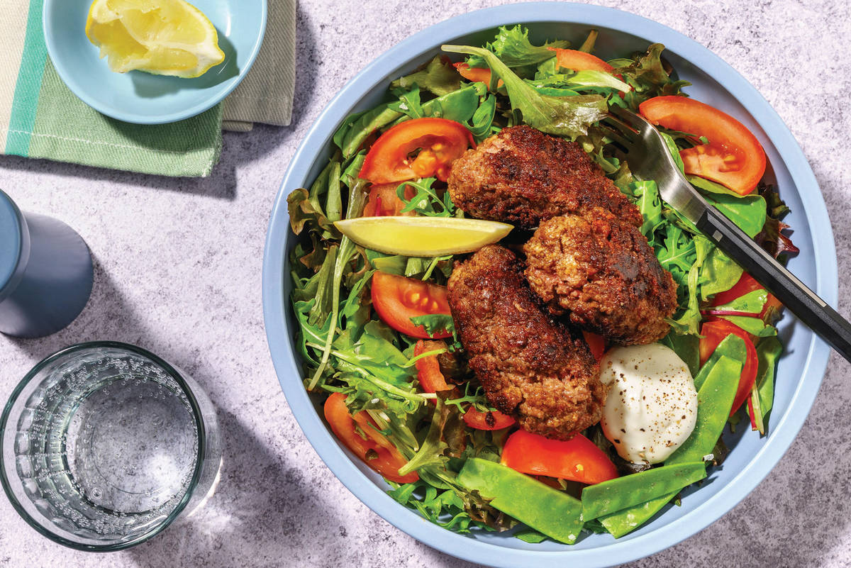 Middle Eastern Beef Koftas & Pea Pod Salad