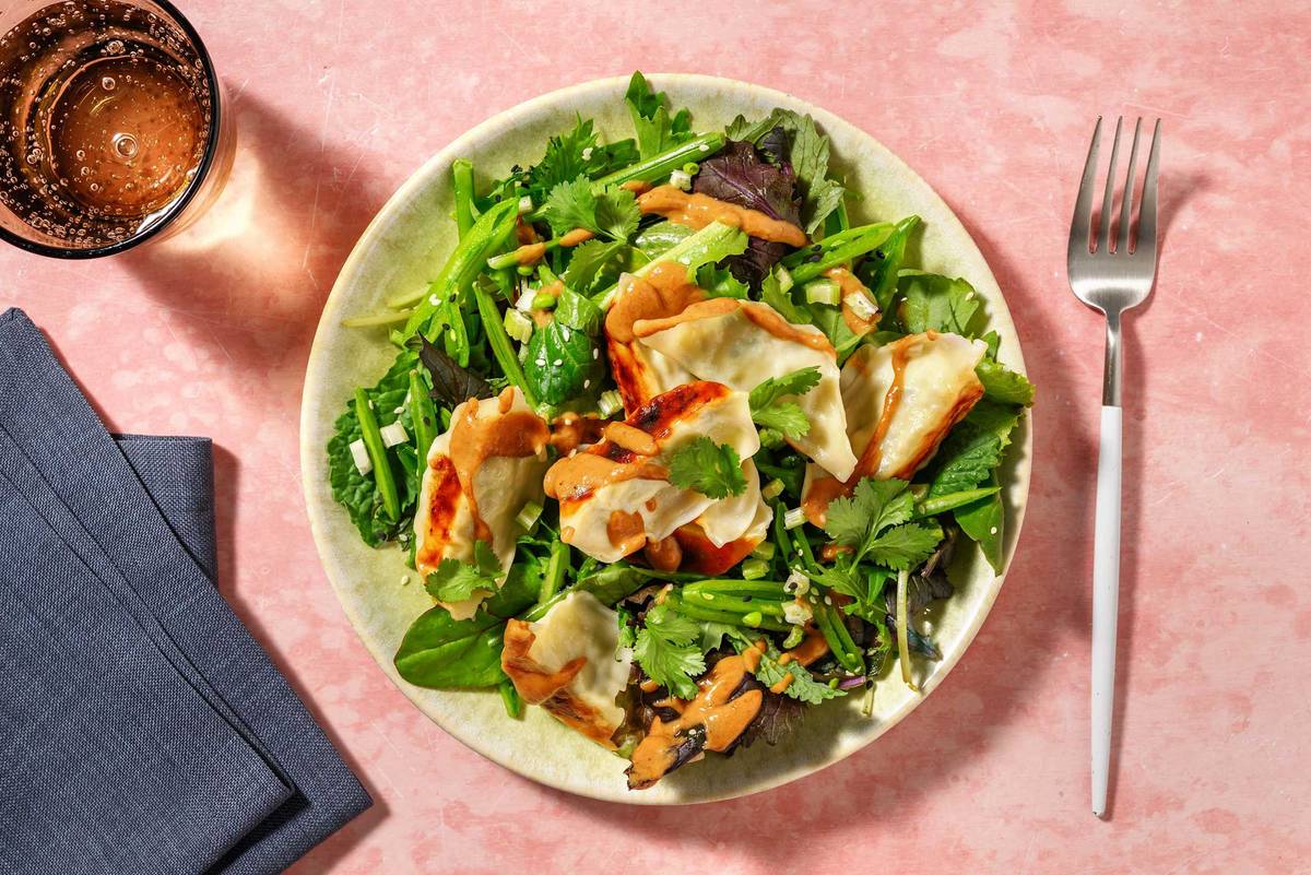 Golden Veggie Gyozas, Chicken & Pea Pod Salad