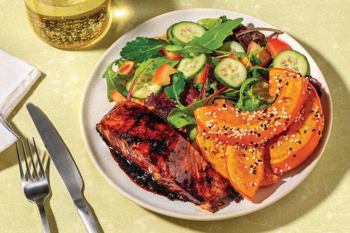 Glazed Salmon, Tofu & Seeded Roast Pumpkin