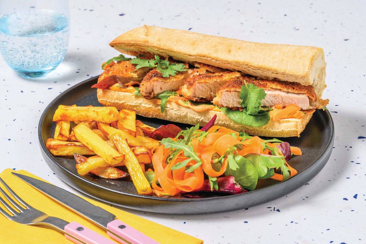 Pork Schnitzel Banh Mi, Bacon & Hand-Cut Fries