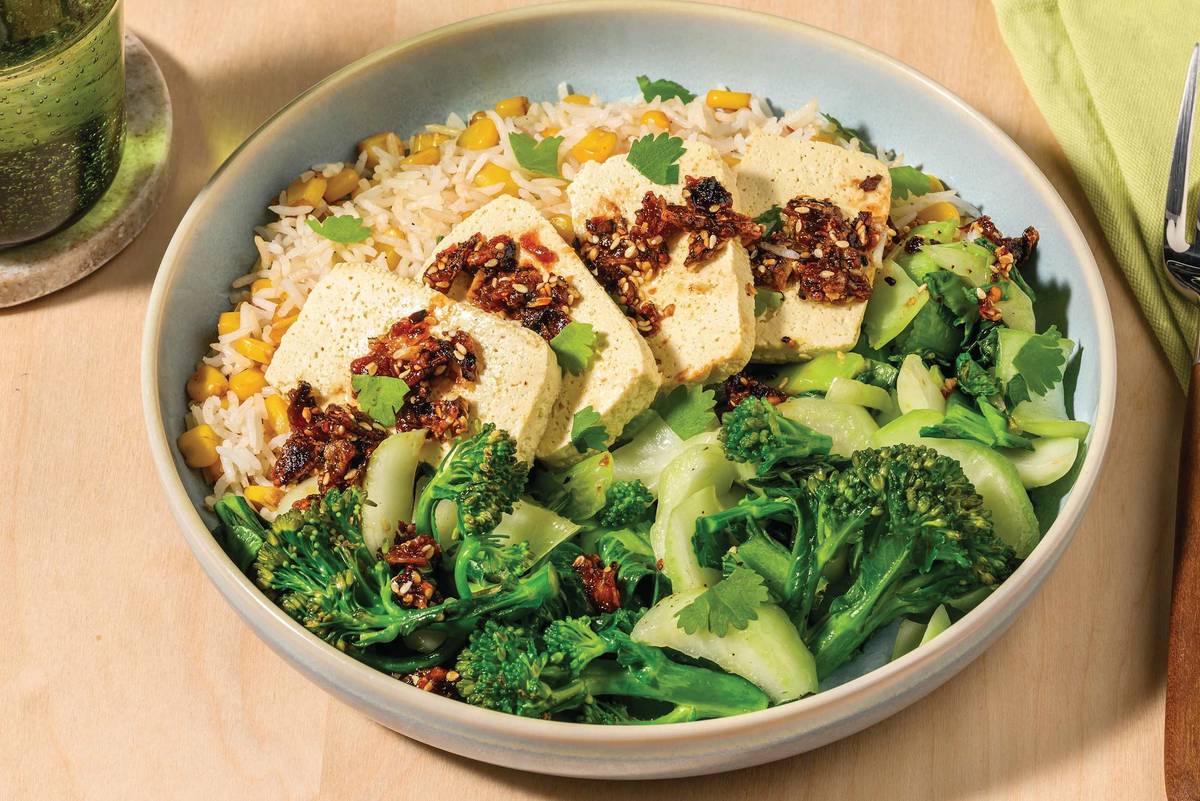 Tender Tofu, Prawns & Crispy Chilli Oil Drizzle