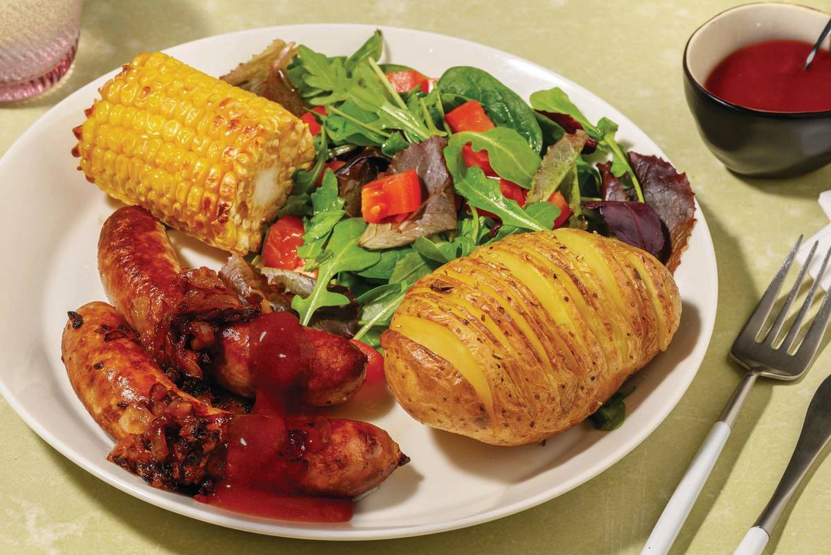 Pork Sausages & Cheesy Hasselback Potatoes