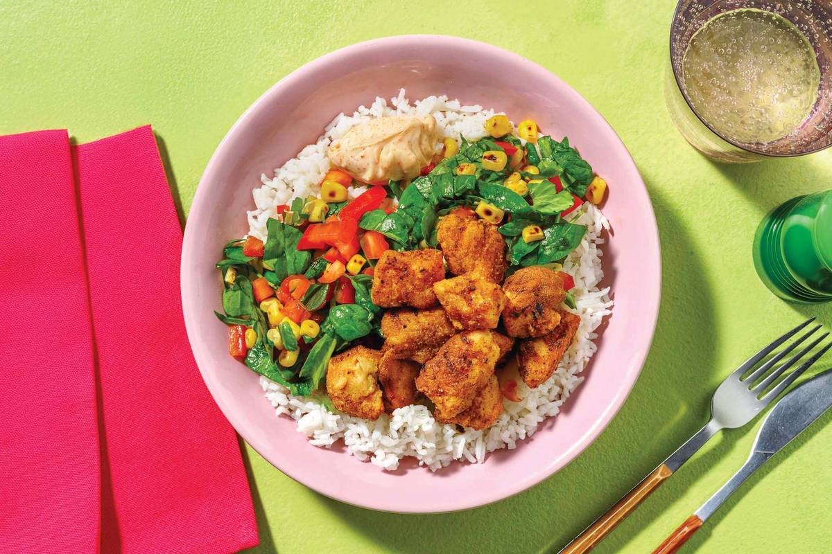 Mexican Popcorn Chicken & Garlic Rice