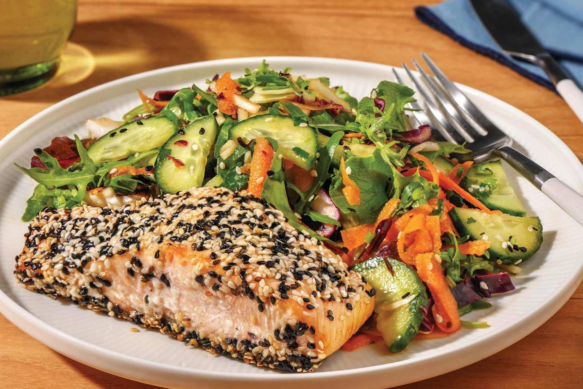 Sesame-Crusted Salmon, Prawns & Rainbow Slaw