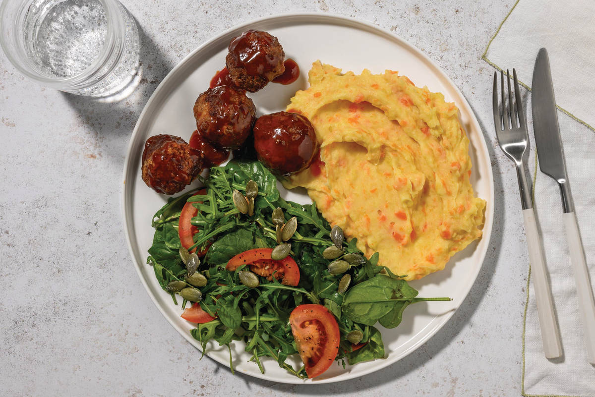 Sticky Beef Meatballs & Root Veg Smash