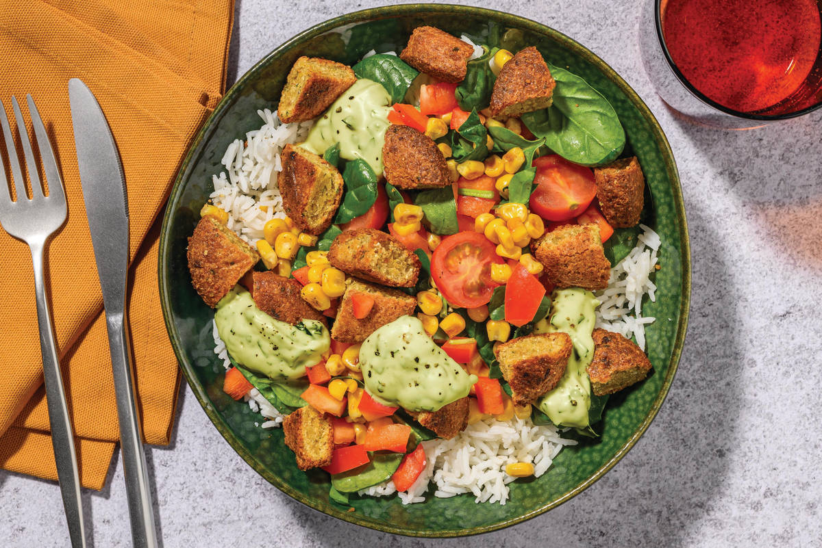 Falafel, Haloumi & Spinach-Tomato Salsa Toss