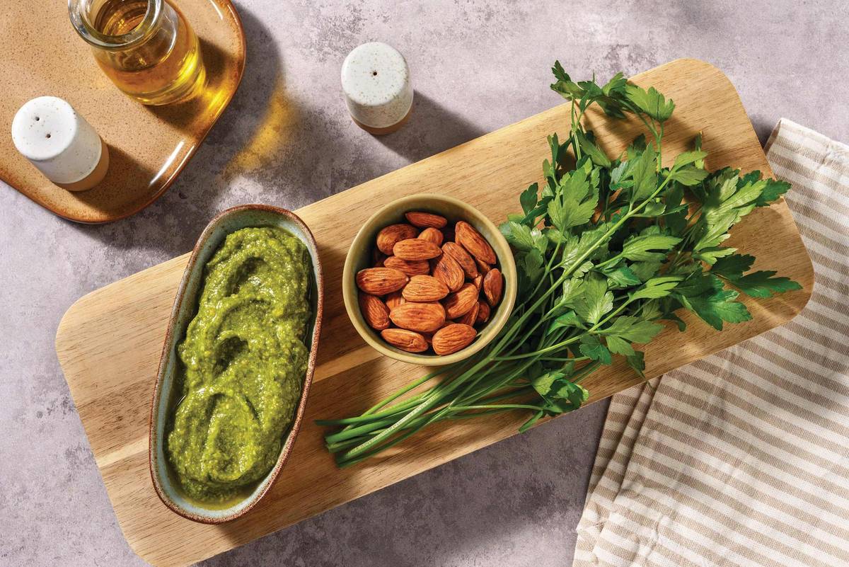 Roasted Almonds, Plant-Based Basil Pesto & Parsley