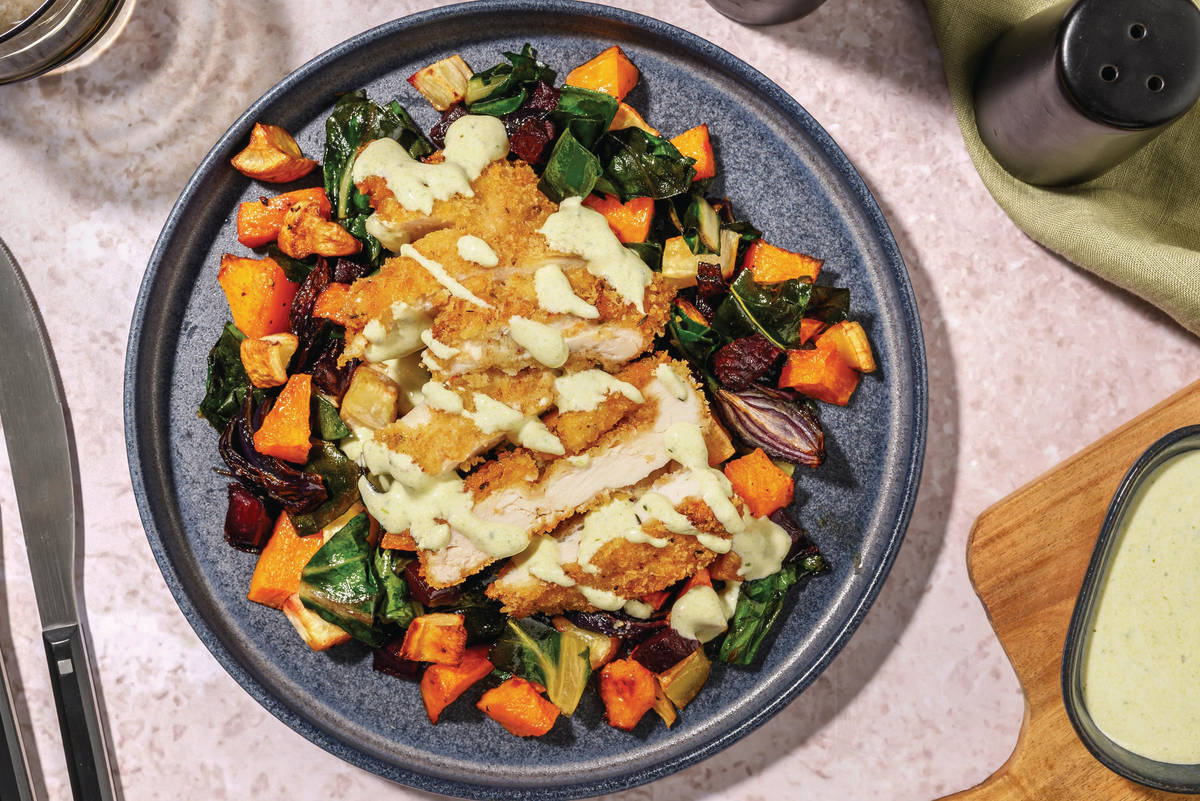 Crumbed Chicken & Rainbow Root Veggies