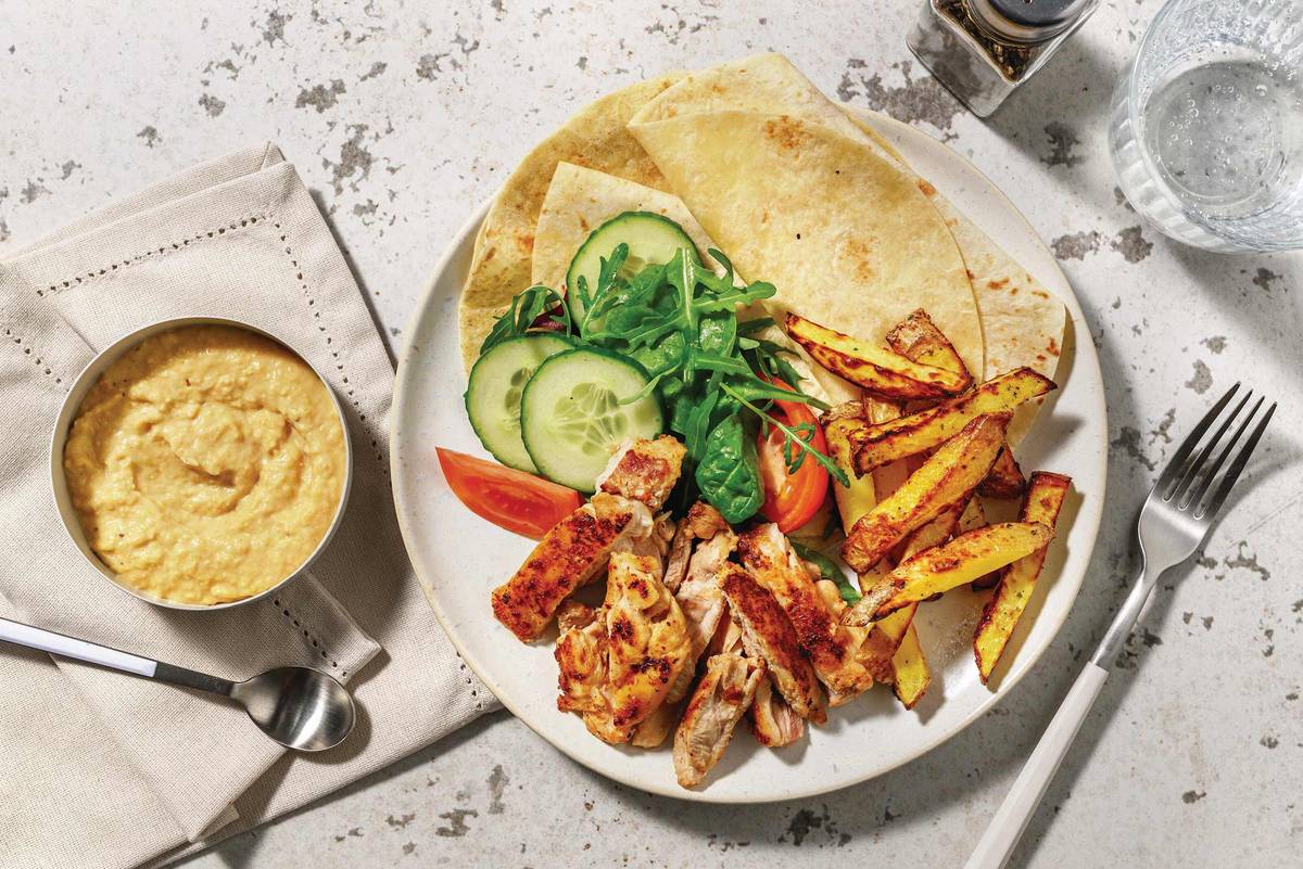 Smokey Chicken Shawarma, Haloumi & Hummus Plate