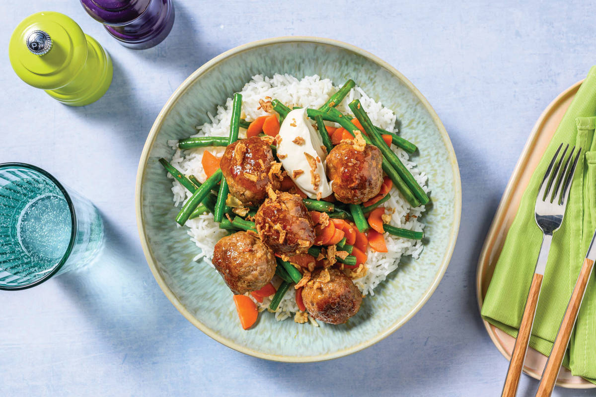Sticky Double Beef Meatballs & Jasmine Rice