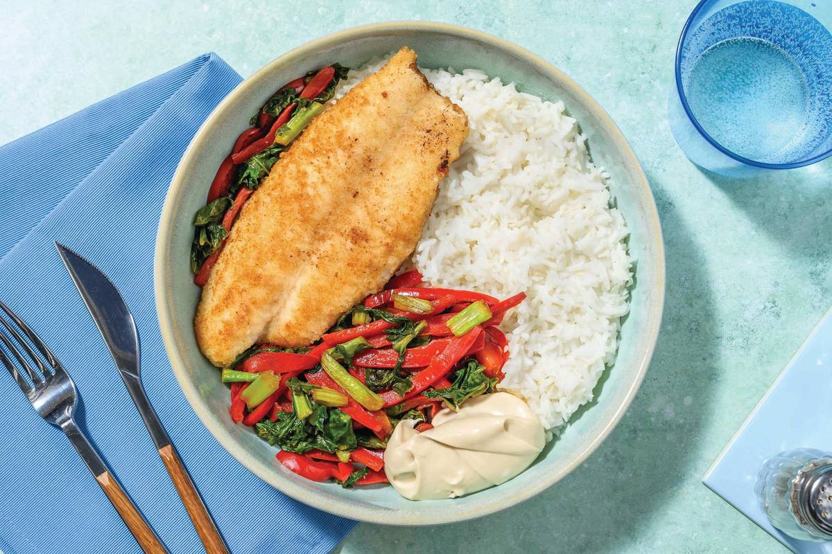 Crumbed Fish & Garlic Rice Bowl