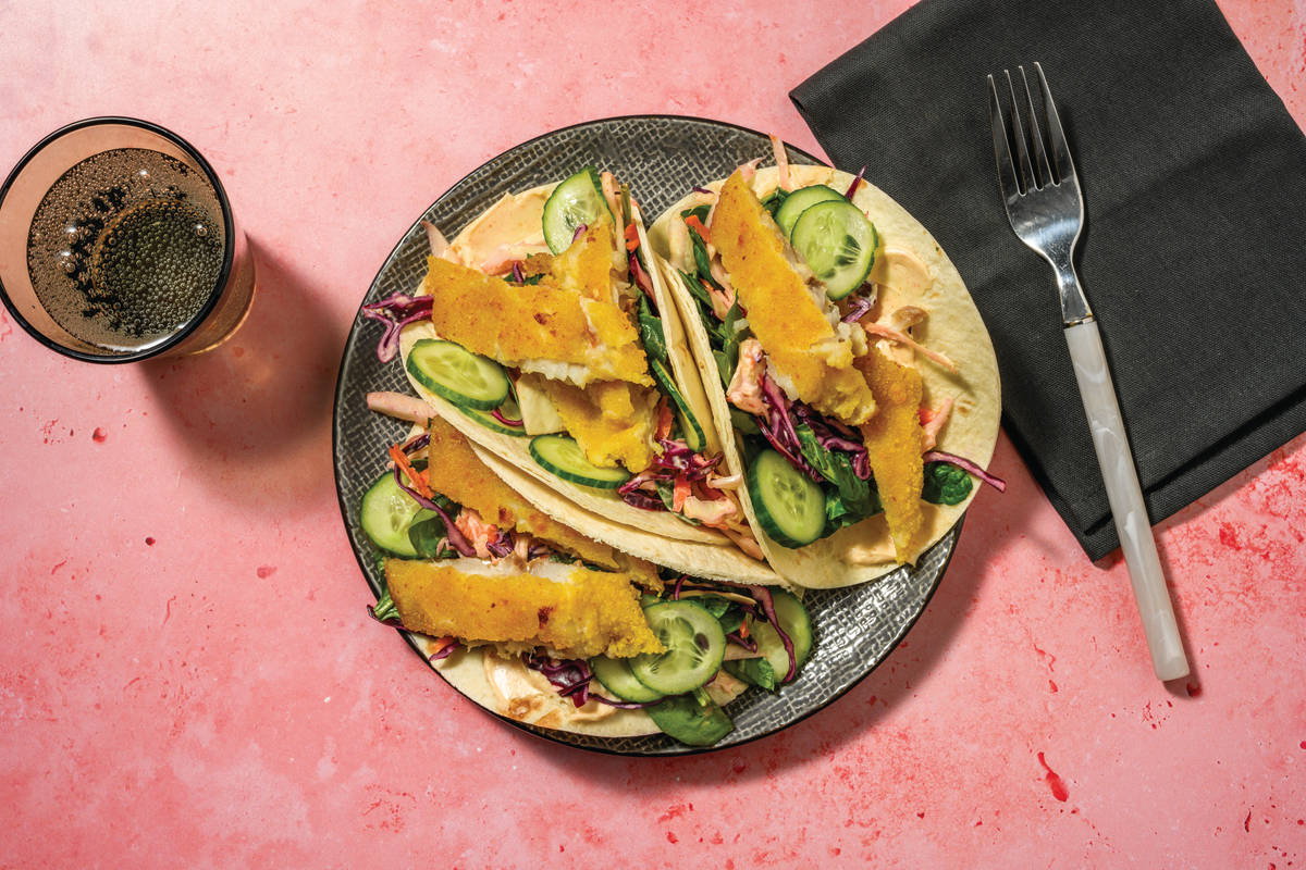 Cheesy Crumbed Fish & BBQ Mayo Tacos