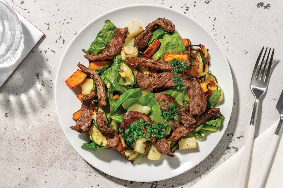 Herbed Double Beef & Roast Veggie Toss