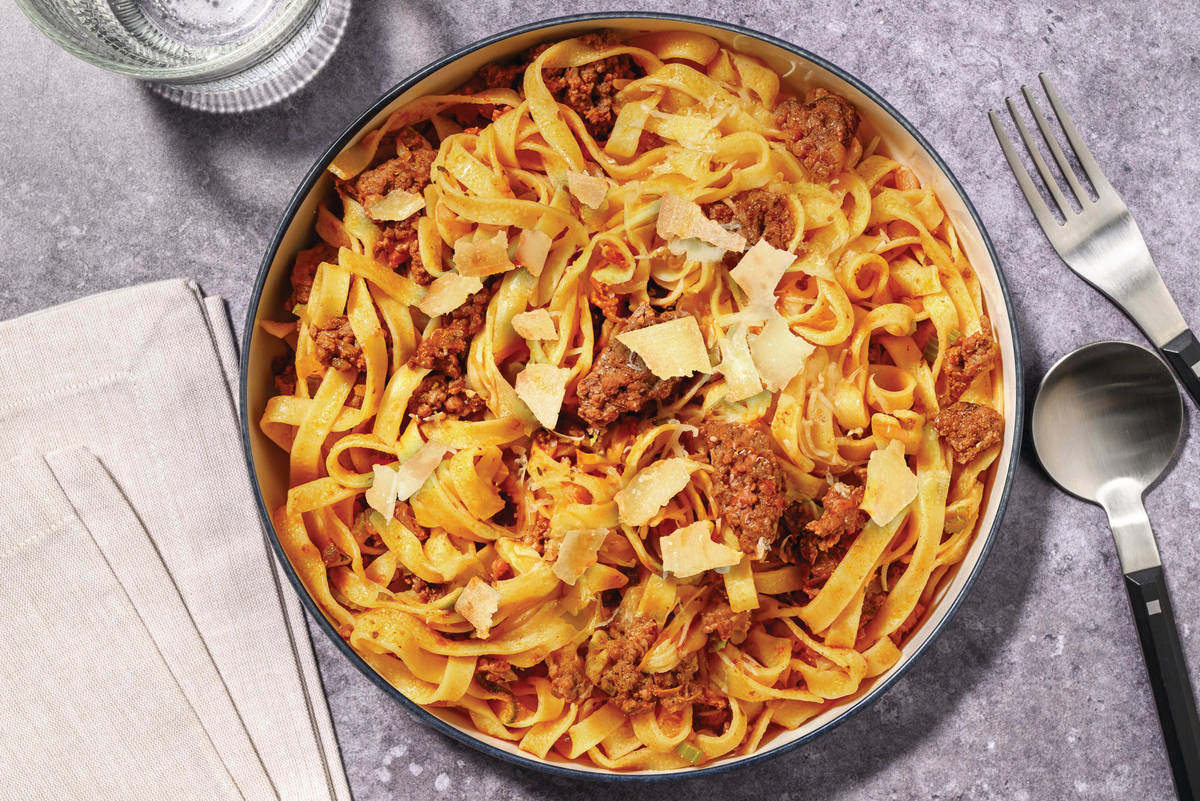 Quick Rustic Plant-Based Mince Fettuccine Bolognese