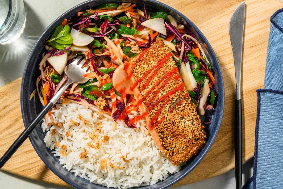 Double Sesame-Crusted Salmon Poke Bowl