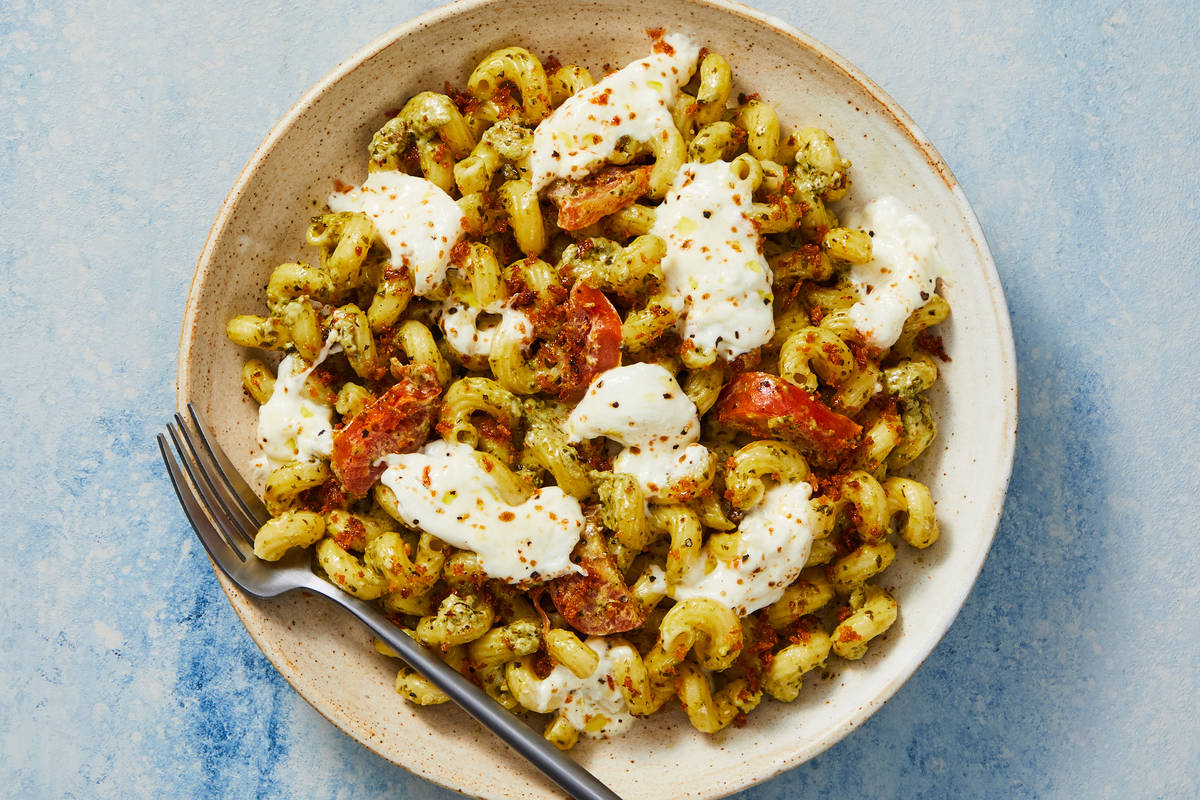 Creamy Pesto Cavatappi with Burrata