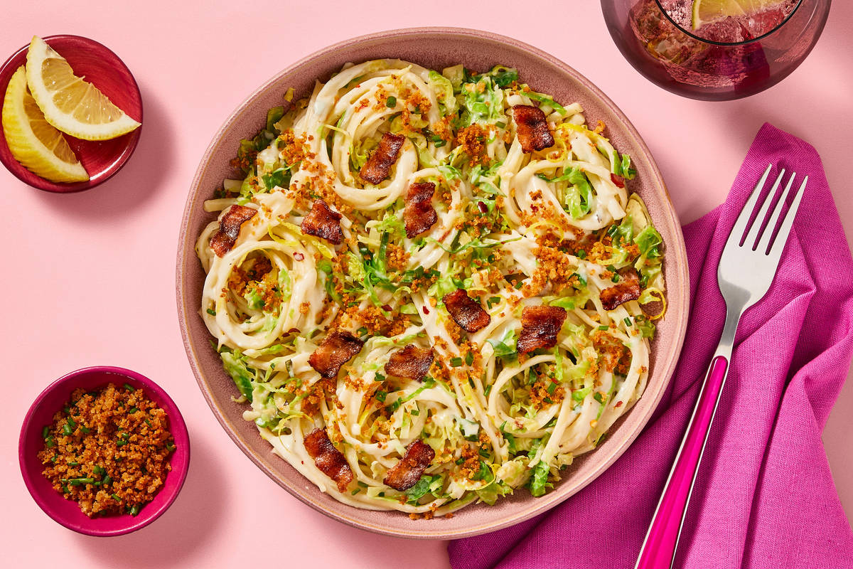 Lemony Spaghetti with Bacon & Brussels