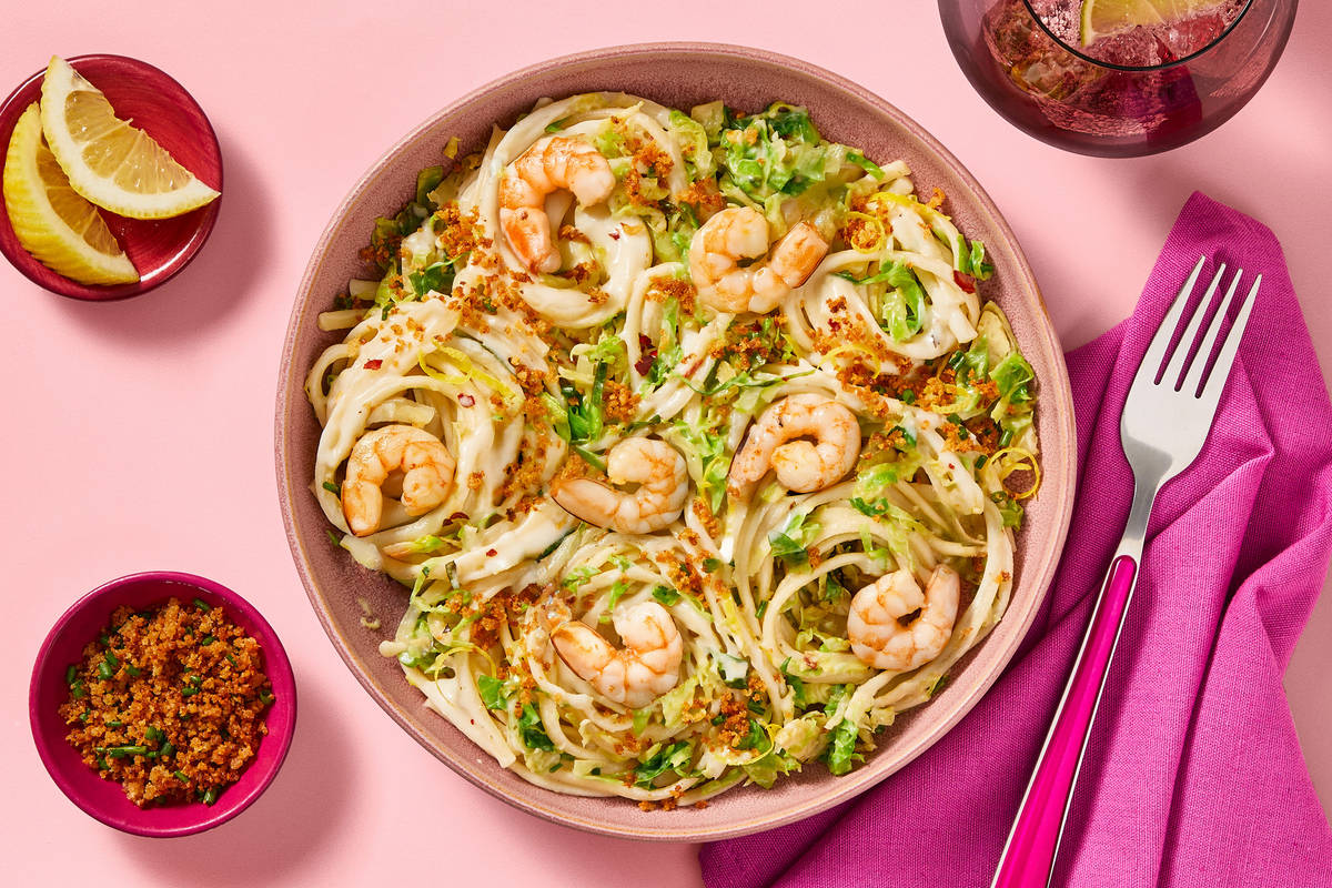 Lemony Spaghetti with Shrimp & Brussels