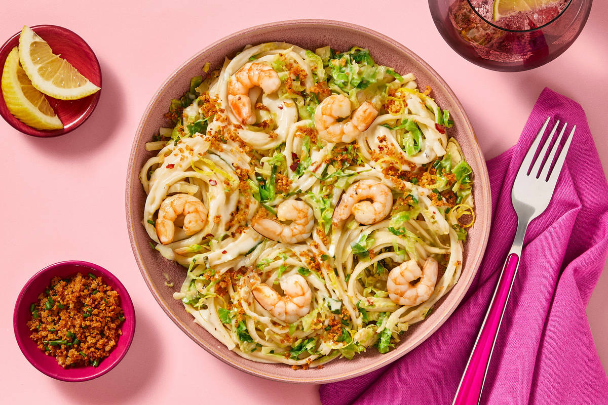 Lemony Spaghetti with Shrimp & Brussels