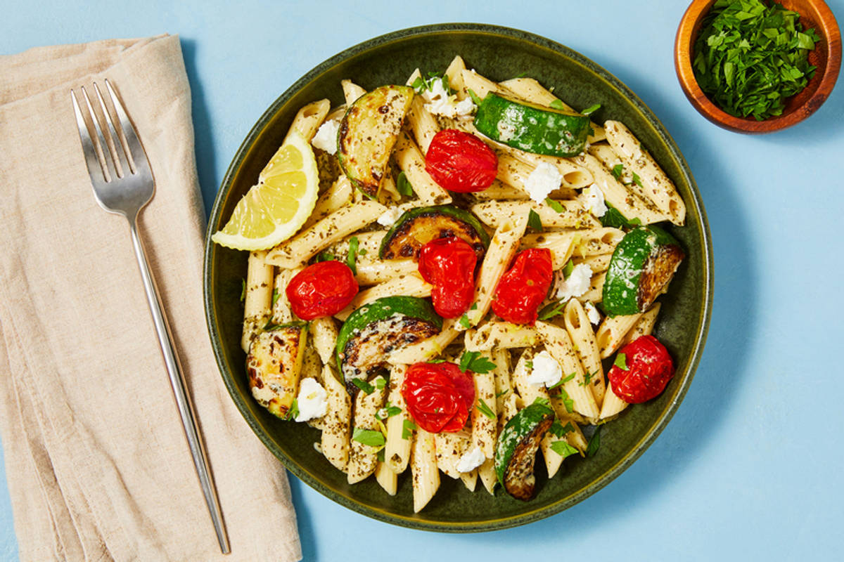 Lemony Pesto Penne, Chicken Breasts and Veggies