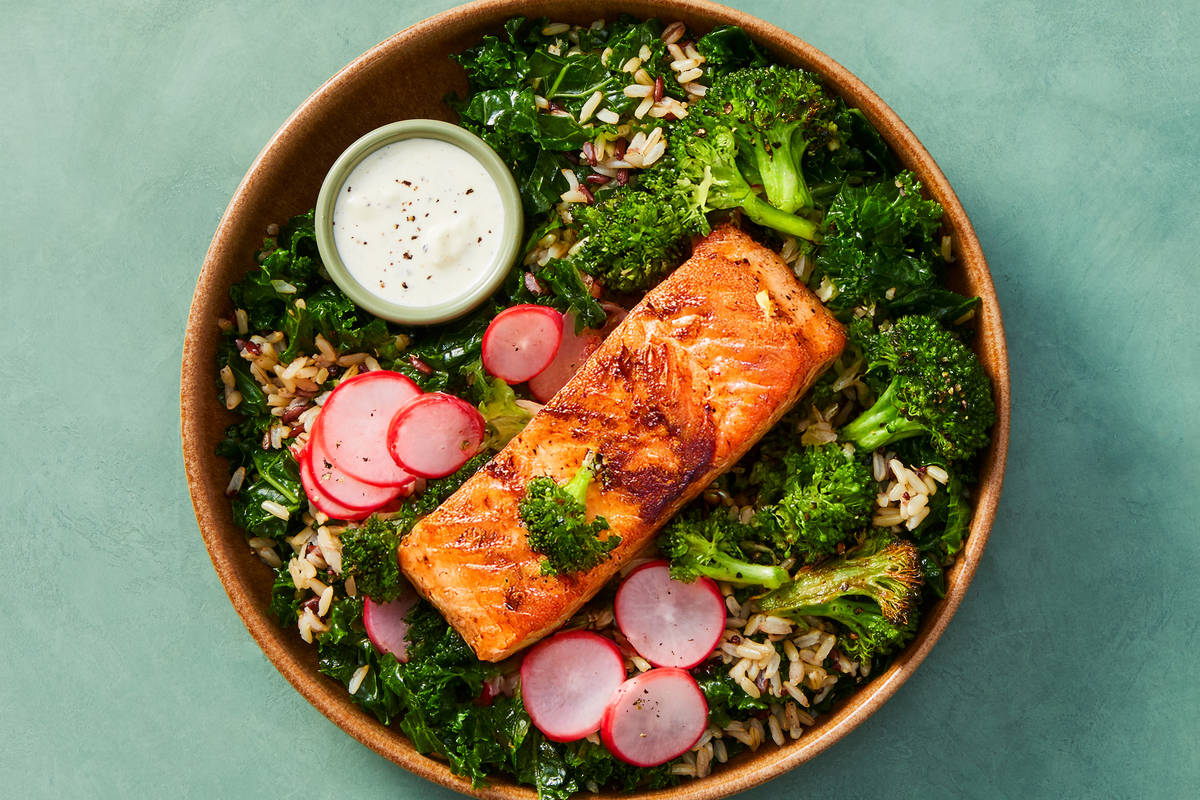 Salmon & Kale Bowls with Feta Dressing