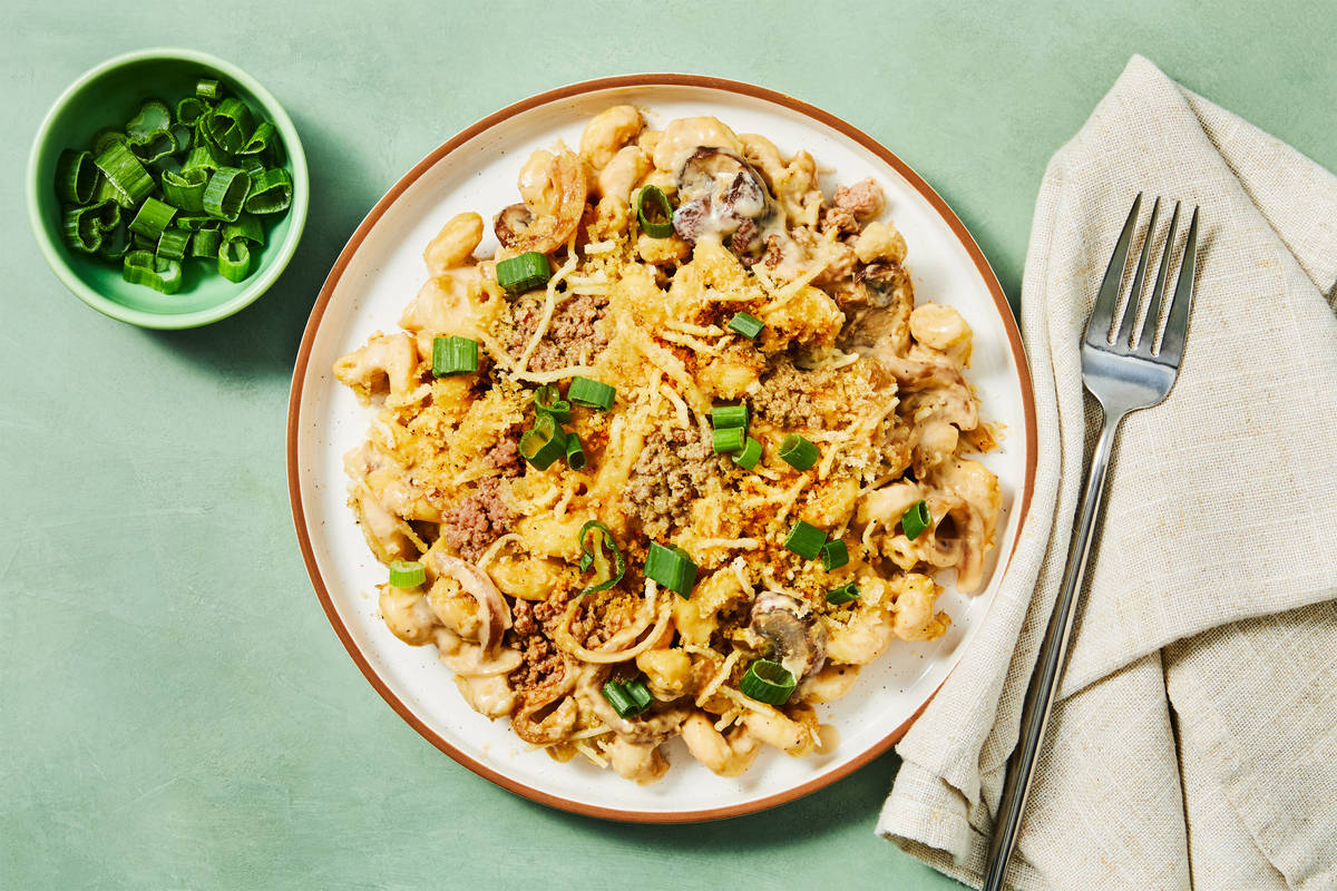Beef, Mushroom & Onion Pasta Bake
