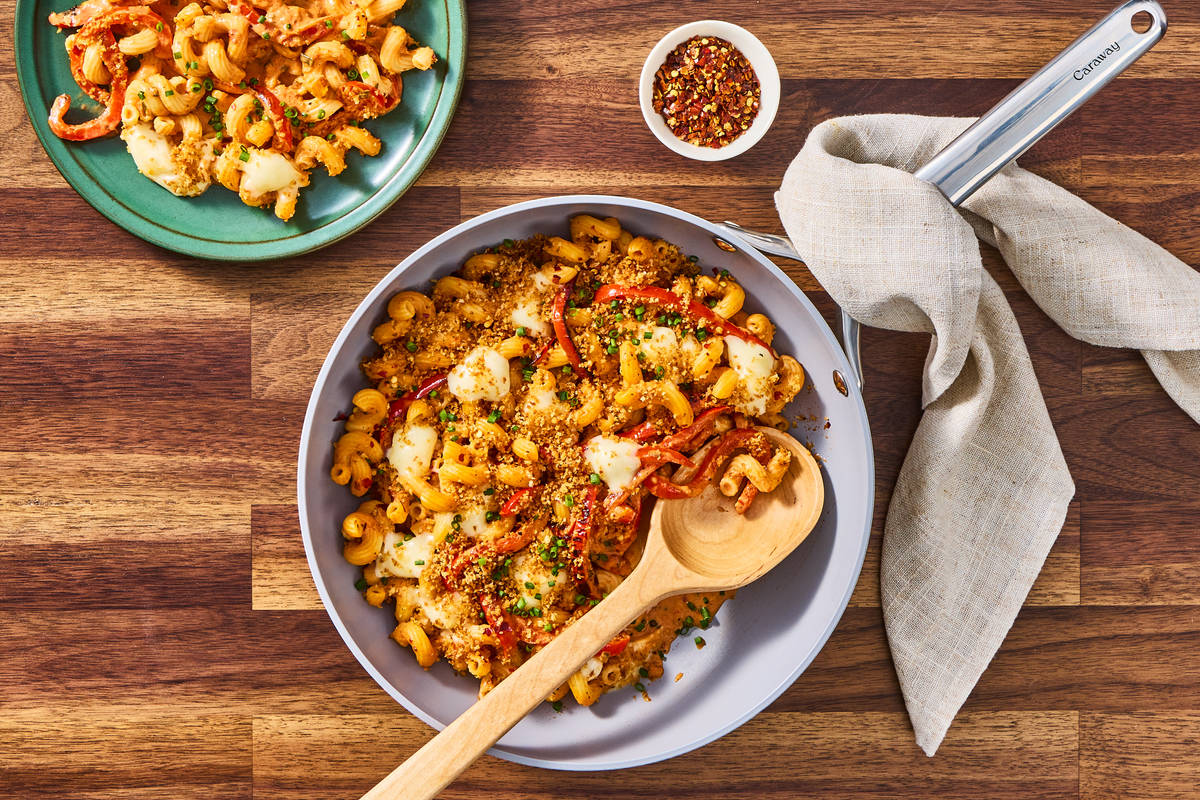 Turkey, Roasted Pepper & Mozz Cavatappi Bake