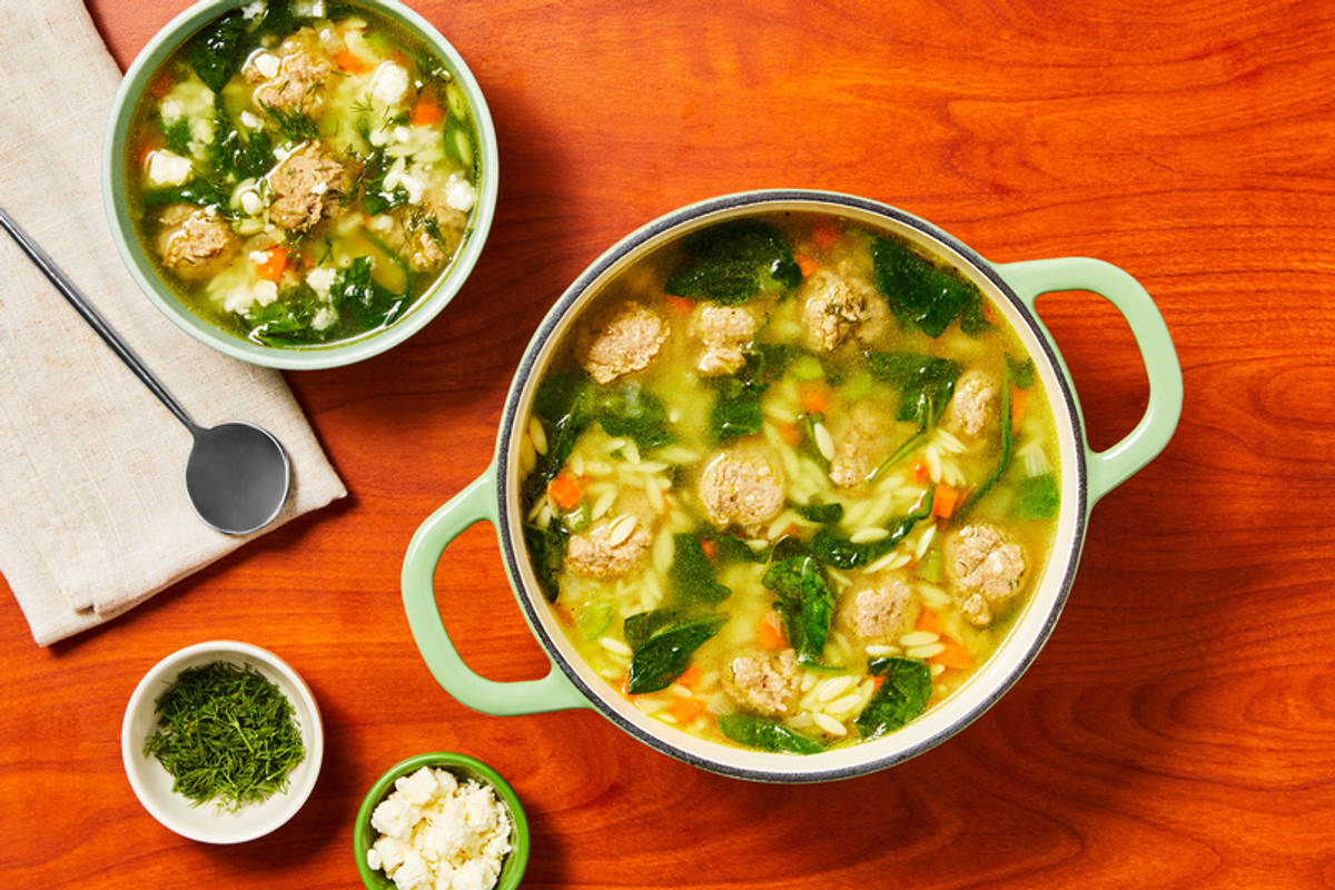 One-Pot Greek-Inspired Mini Turkey Meatball Soup